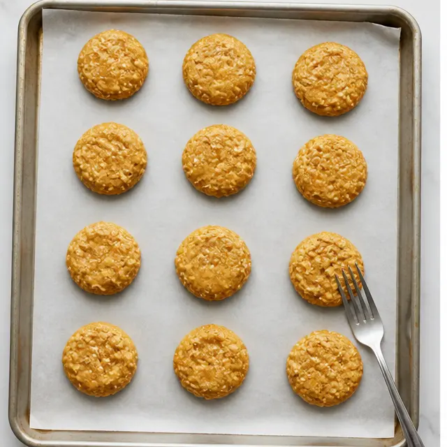 Scooping and flattening dough balls on a baking sheet