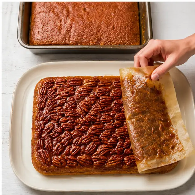 Flip the cooled cake onto a serving platter and peel away the parchment to reveal the glossy caramel pecan topping