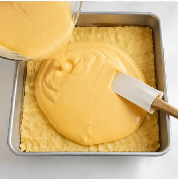 Pouring the pumpkin cream cheese filling over the pressed crust