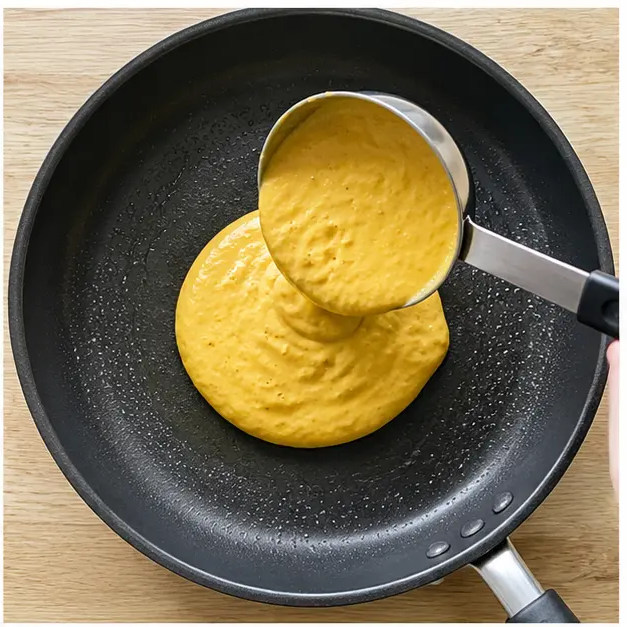 Pour 1/3 cup batter onto a hot nonstick skillet coated with cooking spray and wait for golden edges to form