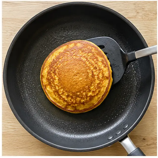 Flip golden-brown pancakes gently once the bottom is set and bubbles appear on the surface