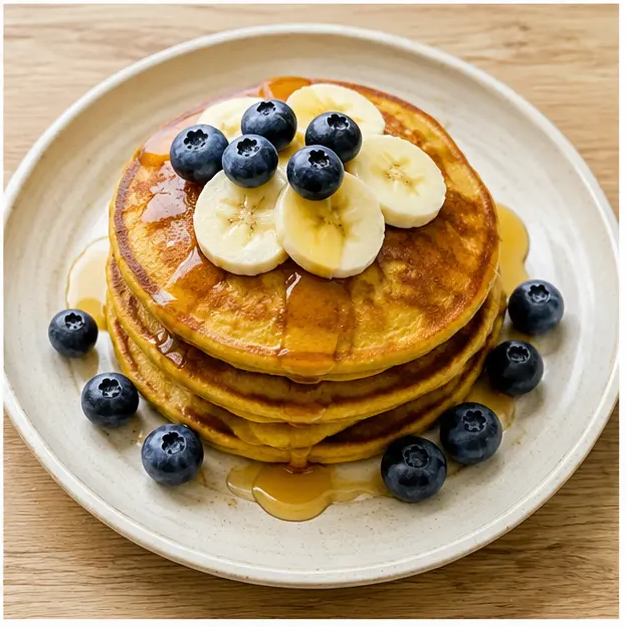 Stack the cooked pancakes and finish with fresh berries, sliced banana, nut butter, or maple syrup