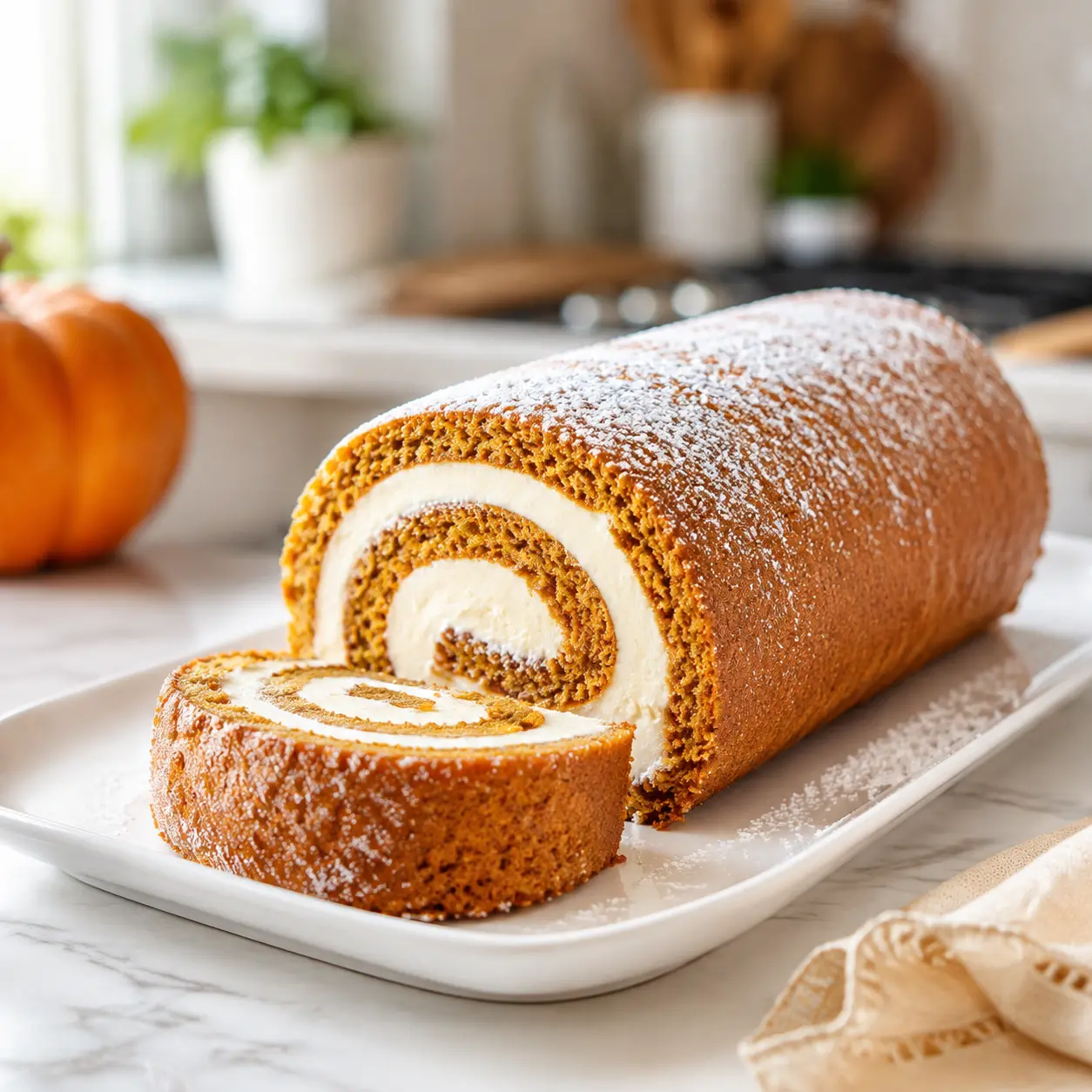 pumpkin roll with cream cheese filling - final presentation