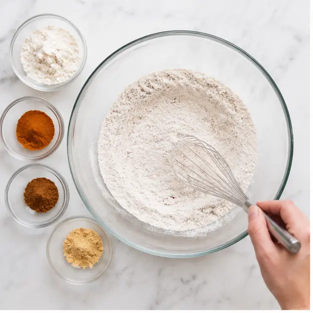 Step 1: Whisking the dry spices into the flour