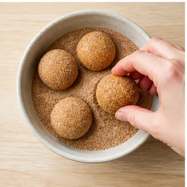 Roll chilled dough balls in cinnamon sugar coating