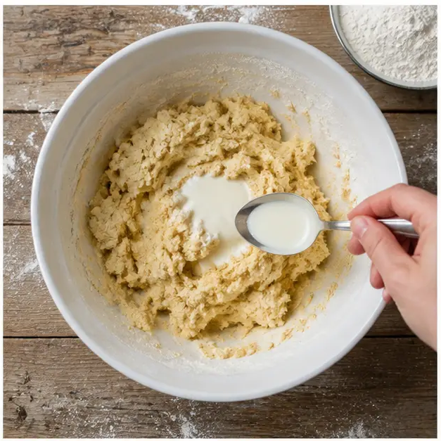 Step 2: Mixing in dry ingredients and milk to form the cookie dough
