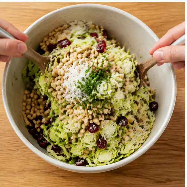 Step 3: Tossing pine nuts, cranberries, pecorino, and chives into the bowl