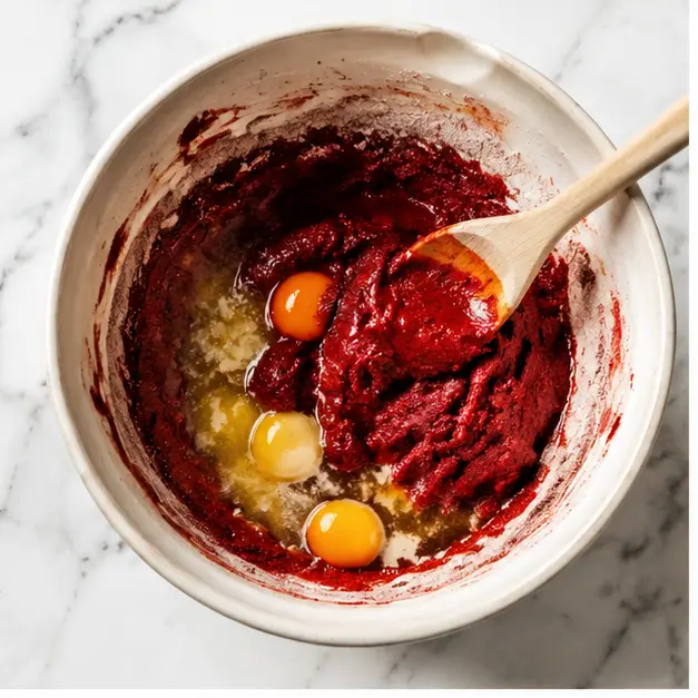 Mixing red velvet cake mix, eggs, and melted butter into a soft dough