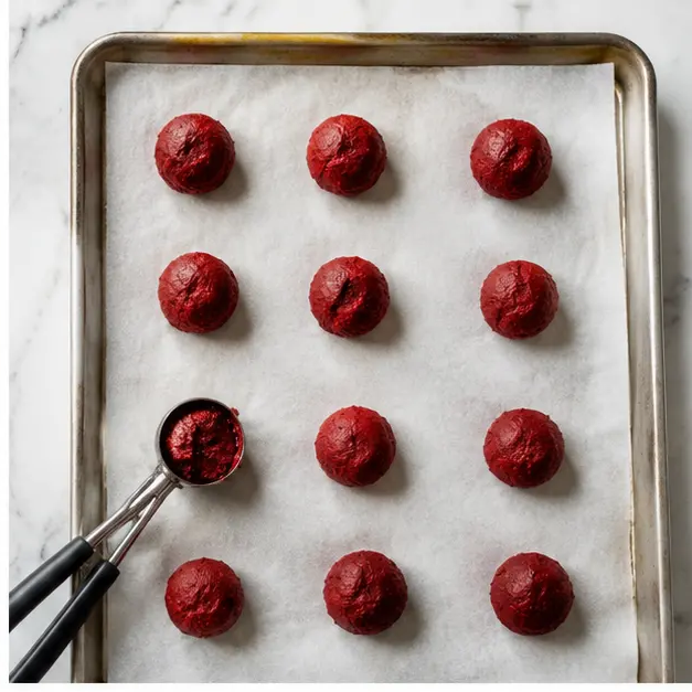 Scooping even red dough balls with a cookie scoop
