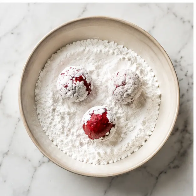 Rolling dough balls generously in powdered sugar