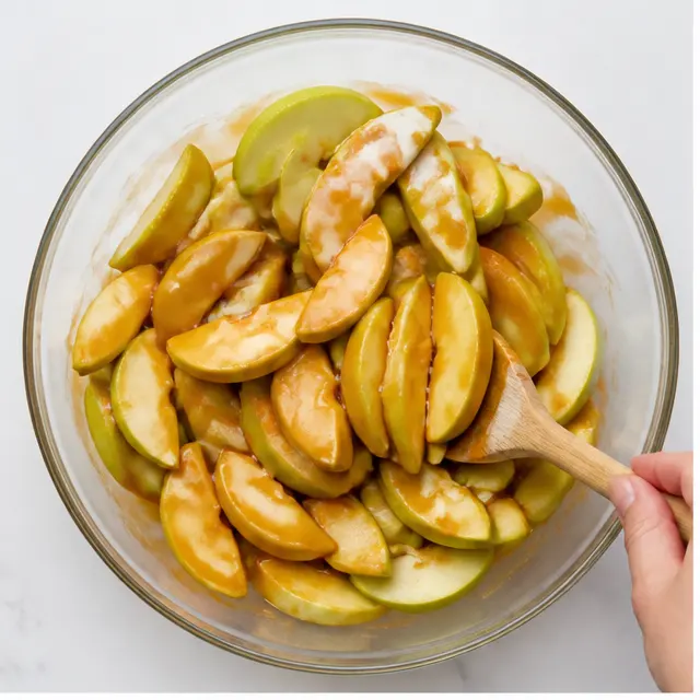 Step 1: Toss sliced apples with caramel and cream