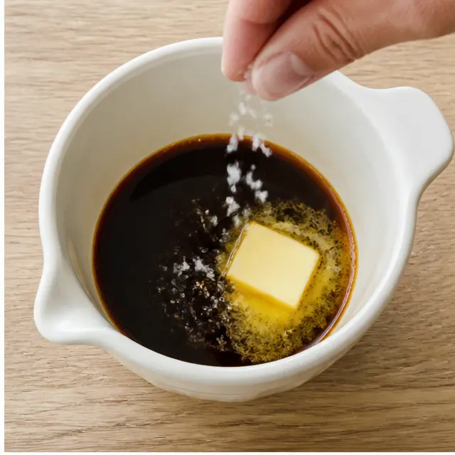 Combine hot espresso, maple syrup, unsalted butter, and a pinch of salt in a measuring cup.