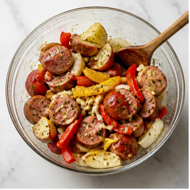 Step 1: Tossing the raw sausage, quartered potatoes, sliced peppers, and onions in olive oil and Italian seasoning