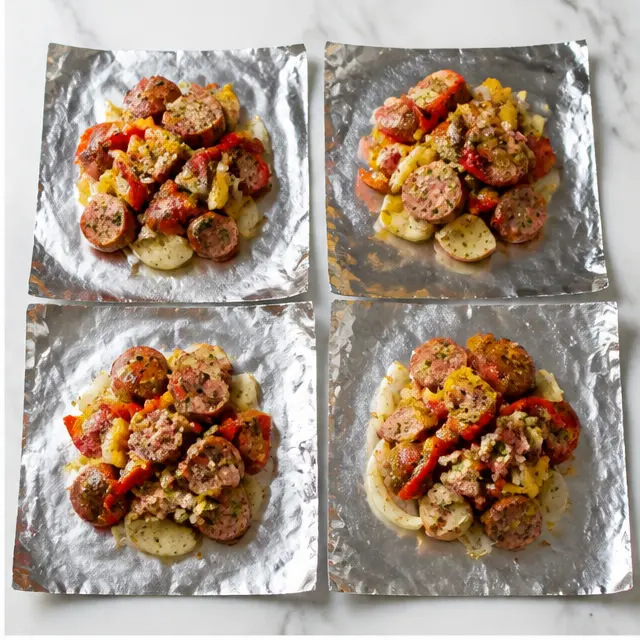 Step 2: Dividing the mixture evenly onto four sheets of heavy-duty foil and folding the edges shut