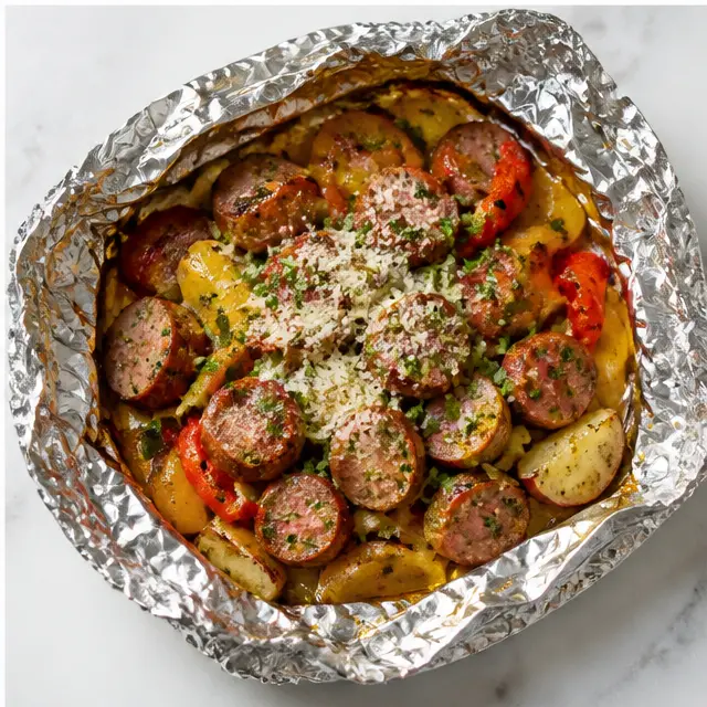 Step 4: Tearing open the hot foil packet and garnishing the juicy sausage and tender veggies with Parmesan and parsley