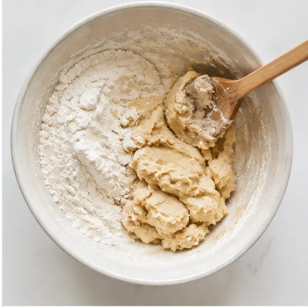 Step 2: Mix dry ingredients into the wet mixture to form a soft dough