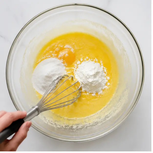 Whisking sugar, cornstarch, and egg yolks into a smooth pale paste