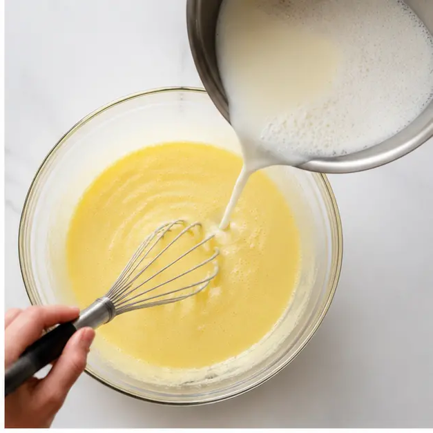 Tempering the eggs by pouring hot milk in a thin stream while whisking