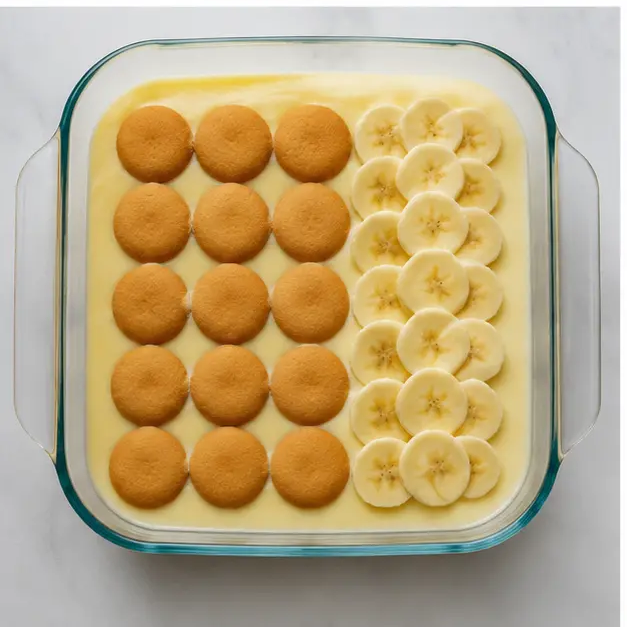 Layering vanilla wafers, banana slices, and custard in the glass baking dish