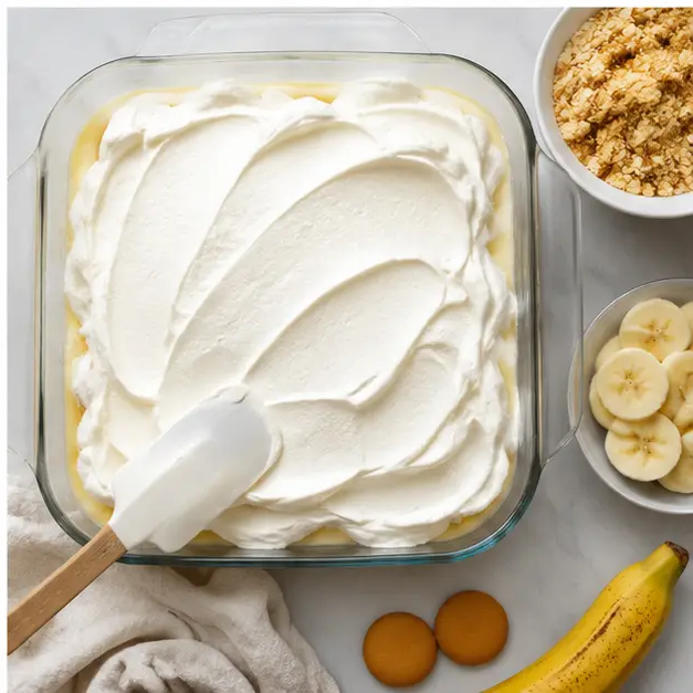 Spreading whipped cream over the top and garnishing with crushed wafers