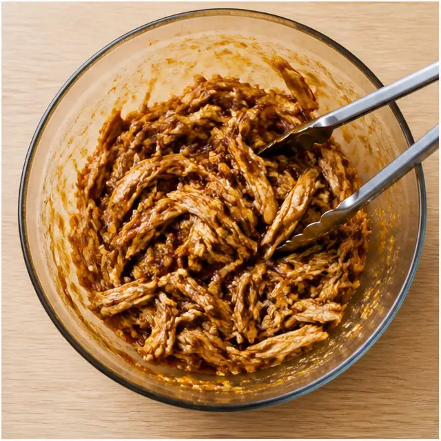 Step 1: Tossing shredded chicken with glossy teriyaki sauce in a mixing bowl