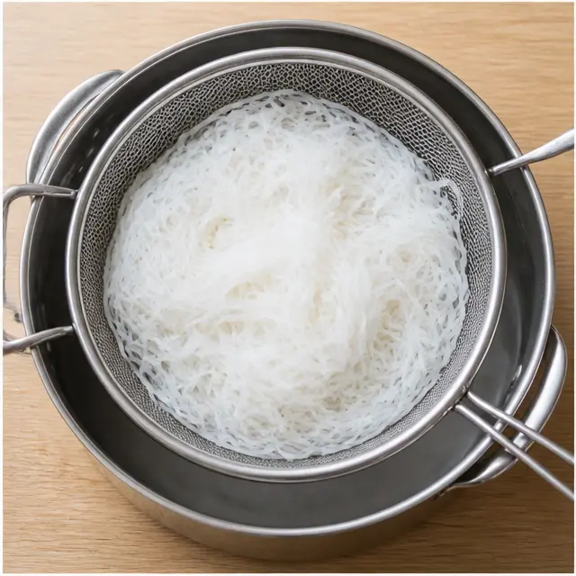Step 2: Draining cooked rice vermicelli noodles in a colander