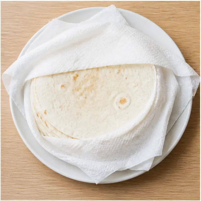 Step 3: Warming flour tortillas between damp paper towels
