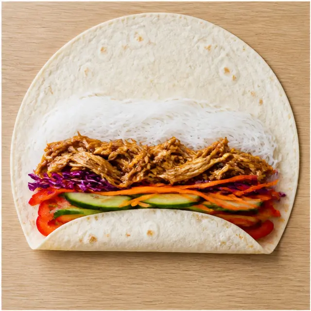 Step 4: Filling and folding a large tortilla with noodles, chicken, and vegetables