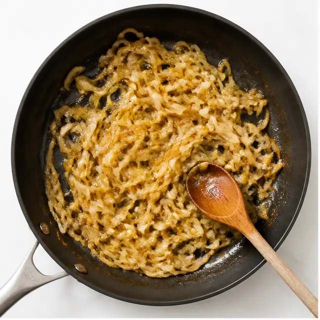 Caramelizing sliced onions low and slow in butter until golden and soft