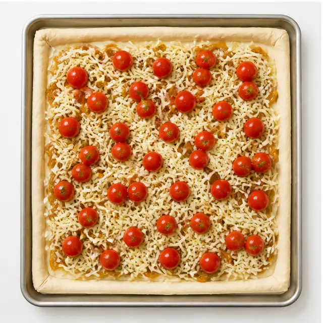 Layering shredded cheeses, caramelized onions and whole cherry tomatoes on the raw crust
