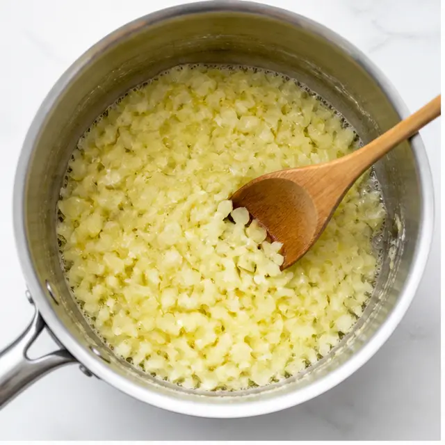 Sautéing chopped yellow onion in melted butter until soft and translucent