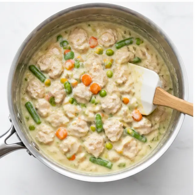 Folding cooked turkey chunks and mixed vegetables into a creamy sauce