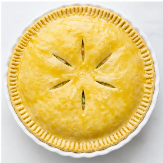 Brushing egg wash over the assembled double-crust pie before baking