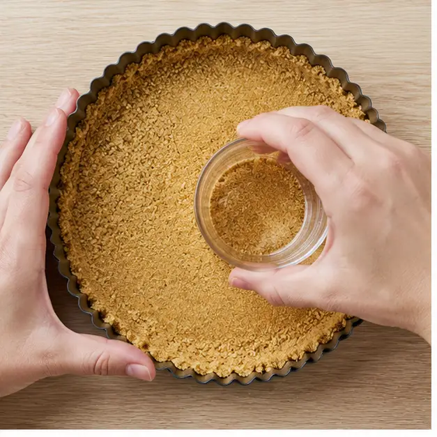 Step 1: Pressing the graham cracker crust into the tart pan