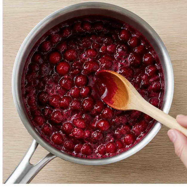 Step 2: Simmering cranberries into a ruby compote
