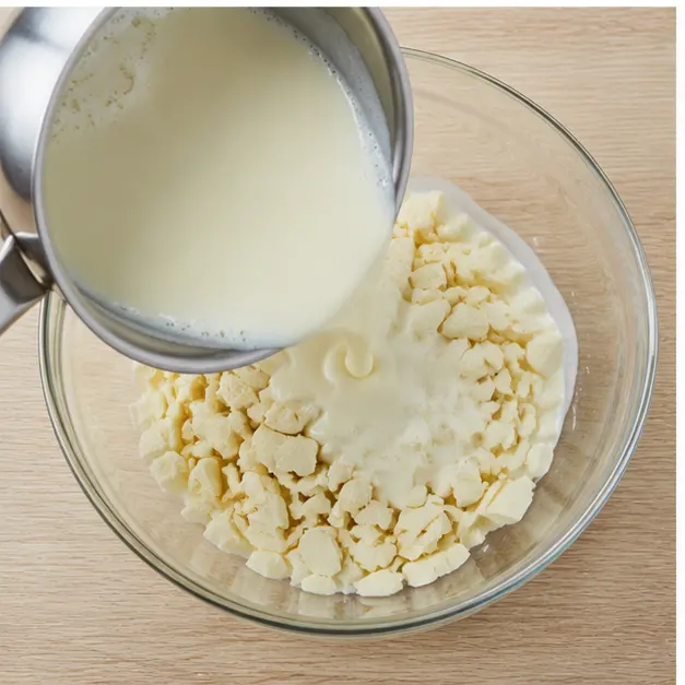 Step 3: Pouring hot cream over white chocolate to make ganache