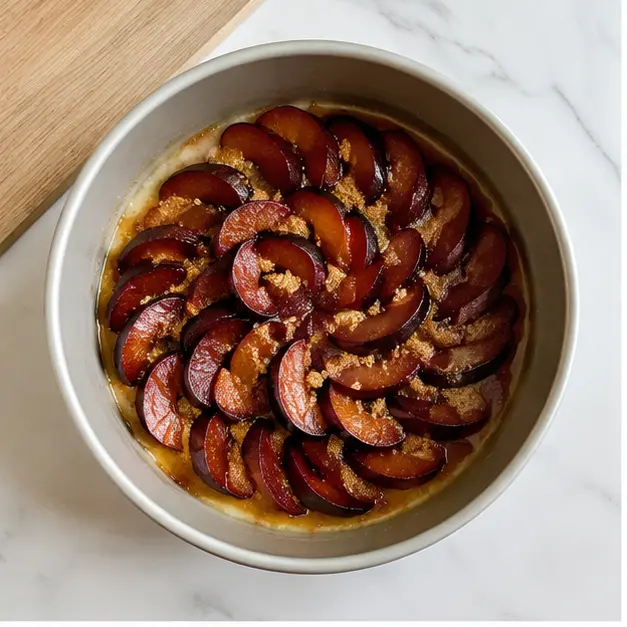 Step 1: Buttering the pan and arranging plum slices over brown sugar