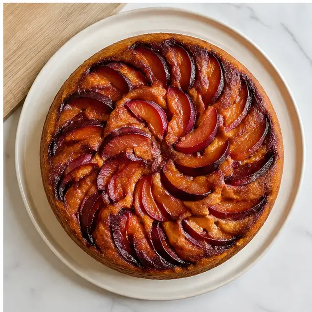 Step 4: Inverting the baked cake to reveal caramelized plums