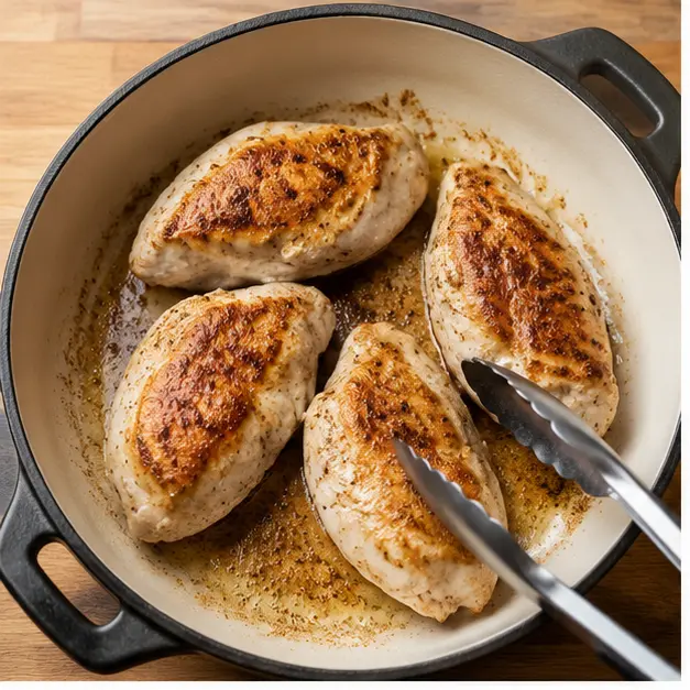 Step 1: Searing the chicken fillets until golden brown in a Dutch oven
