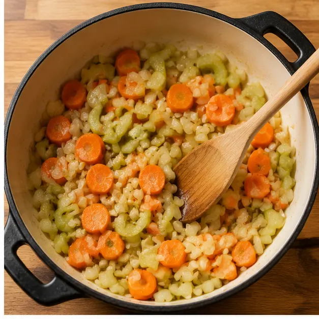 Step 2: Sautéing the onion, garlic, carrots, and celery until aromatic