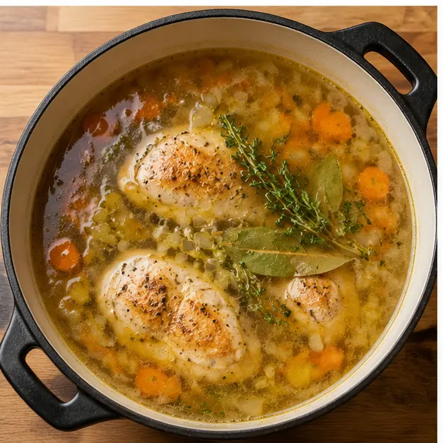 Step 3: Simmering the broth with bay leaves, turmeric, and fresh thyme