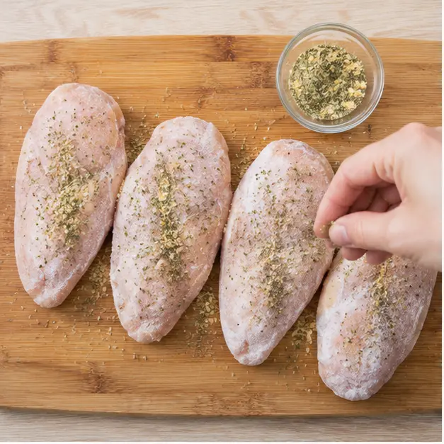 Step 1: Seasoning frozen chicken fillets with garlic herb seasoning on both sides