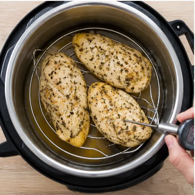 Step 3: Checking internal temperature of cooked chicken fillets after natural pressure release