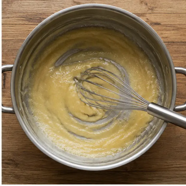 Step 2: Melting butter and whisking flour into a smooth golden roux