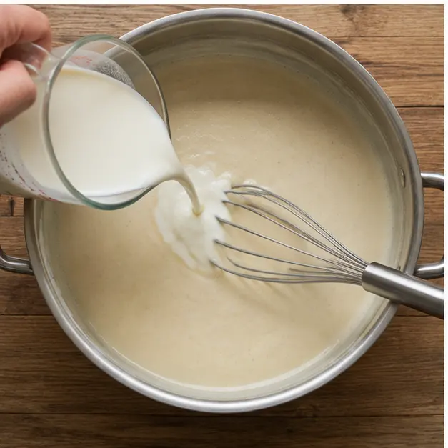 Step 3: Whisking chicken stock, milk, and cream into a glossy thickened sauce