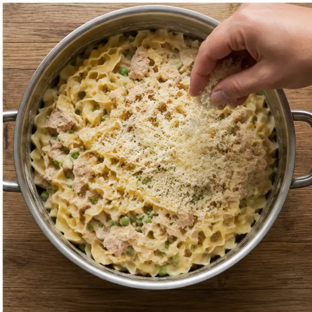 Step 4: Folding cooked noodles, albacore tuna, and Parmesan into the finished creamy sauce