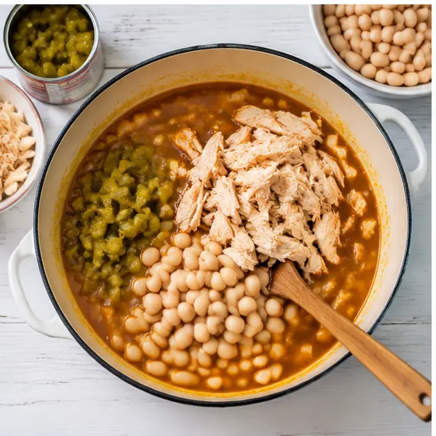 Step 3: Adding green chiles, drained beans, and shredded rotisserie chicken to the pot