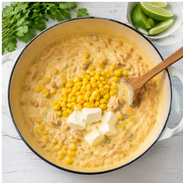 Step 4: Stirring cubed cream cheese and frozen corn into the creamy simmering chili