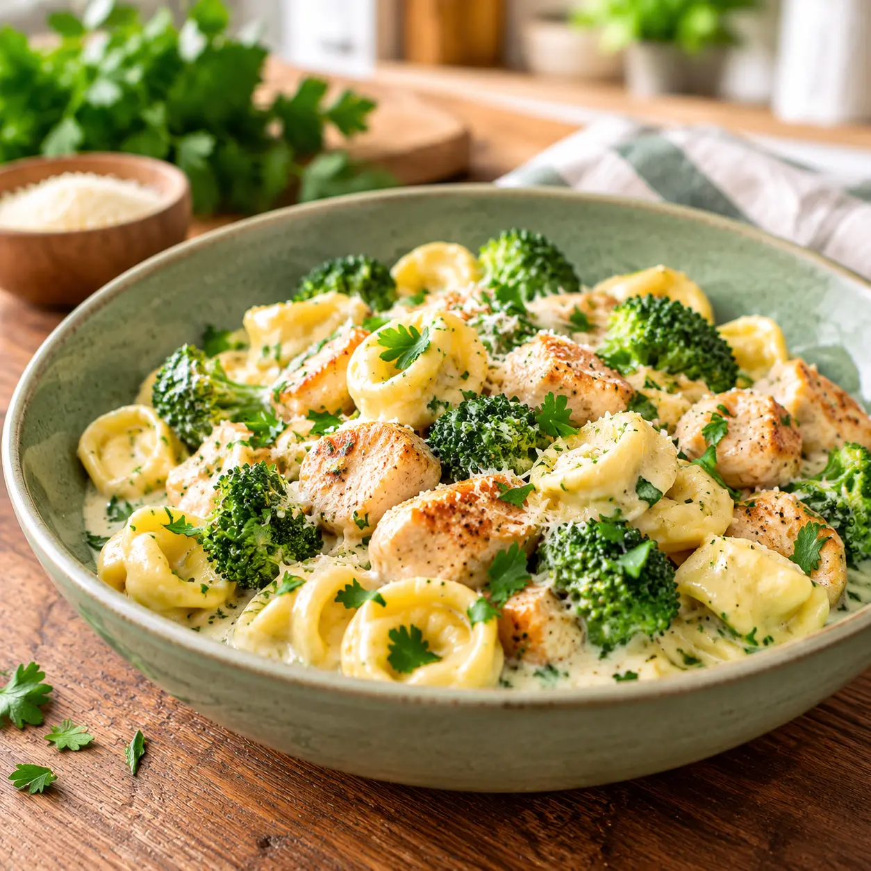 creamy chicken tortellini with broccoli - final presentation