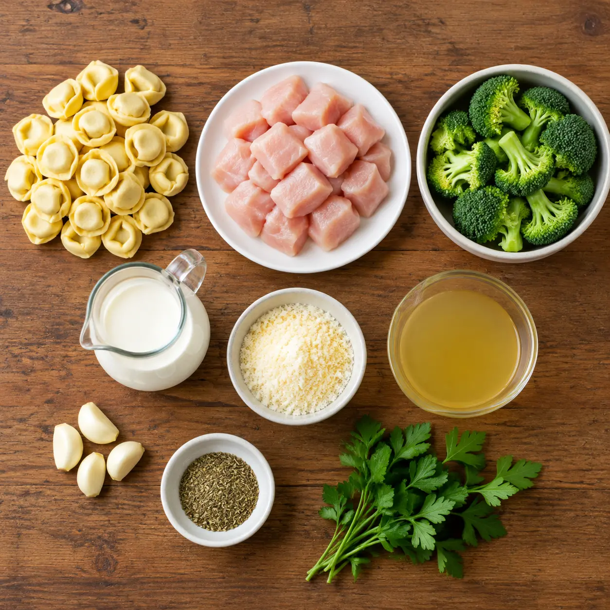 creamy chicken tortellini with broccoli - main ingredients
